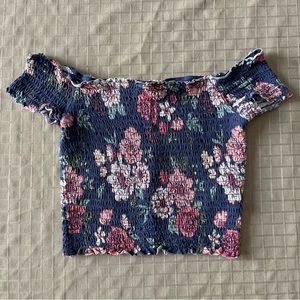 Garage Blue Floral Smocked Off-Shoulder Top